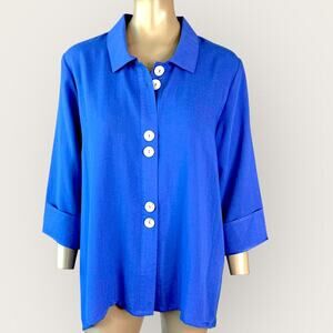 Fridaze Vintage 100% Linen 3/4 Sleeves Button Up Top Shirt Blouse Womens XL Blue